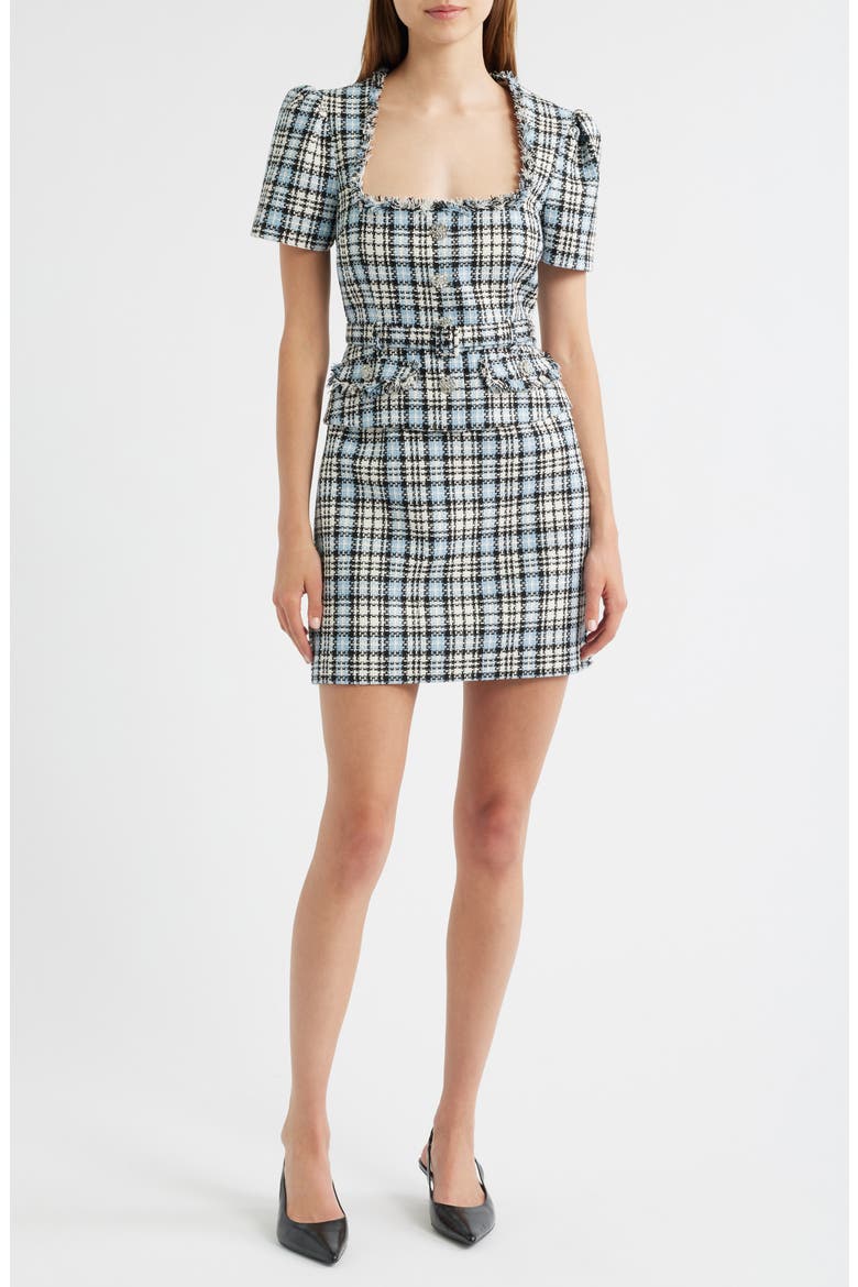 Cecelia Plaid Puff Sleeve Belted Tweed Dress, Main, color, BLACK/BLUE MULTI