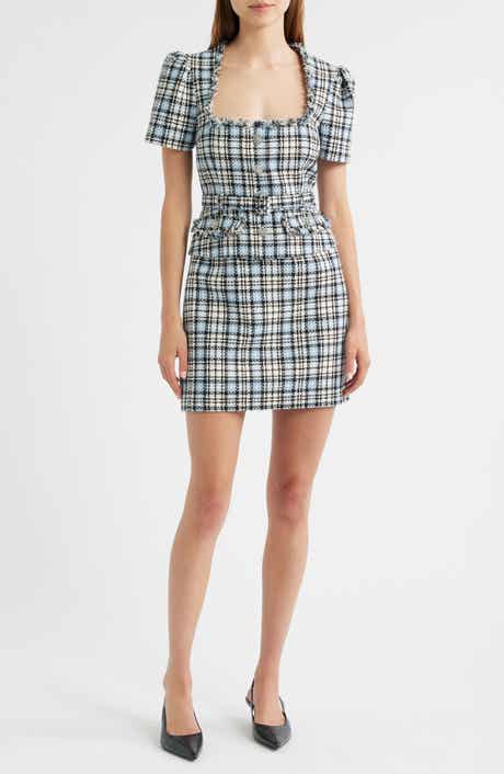 Cecelia Plaid Puff Sleeve Belted Tweed Dress