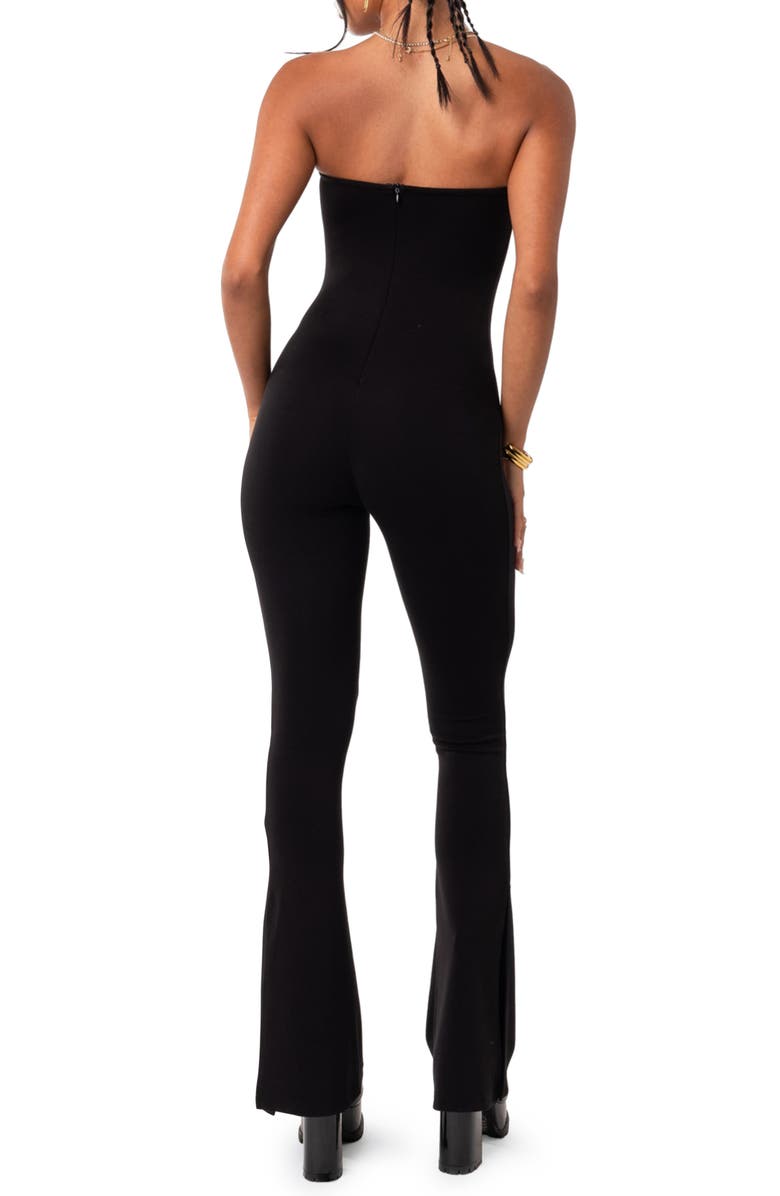 EDIKTED Melina Side Slit Strapless Flare Jumpsuit, Alternate, color, Black