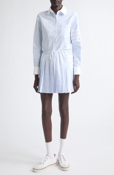 4-Bar Pleated Cotton Oxford Miniskirt