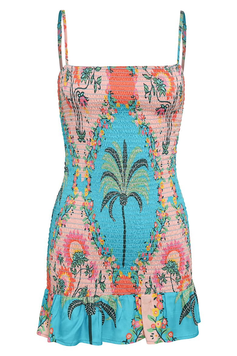 Abrabian Palm Zephyra Smocked Cover-Up Mini Sundress, Alternate, color, AQUAMARINE