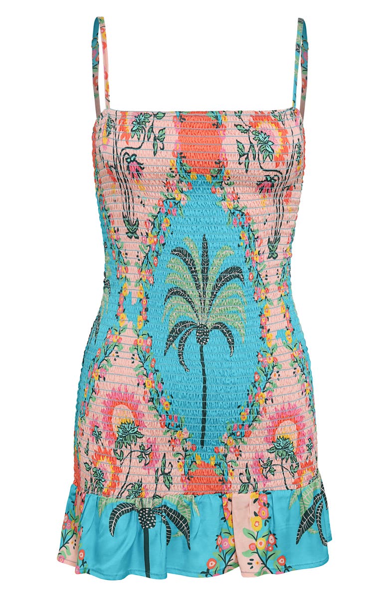 Maaji Abrabian Palm Zephyra Smocked Cover-Up Mini Sundress, Alternate, color, Aquamarine