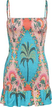 Maaji Abrabian Palm Zephyra Smocked Cover-Up Mini Sundress