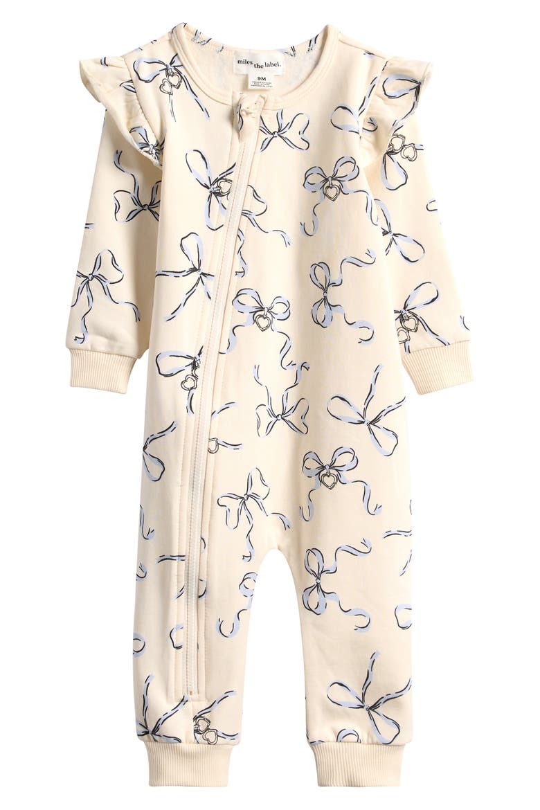 Bow Print Ruffle Shoulder Zip Playsuit, Main, color, OFF WHITE