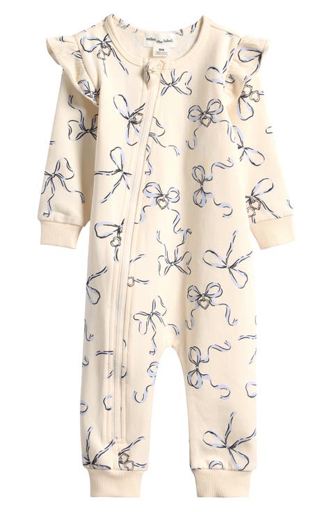 Bow Print Ruffle Shoulder Zip Playsuit
