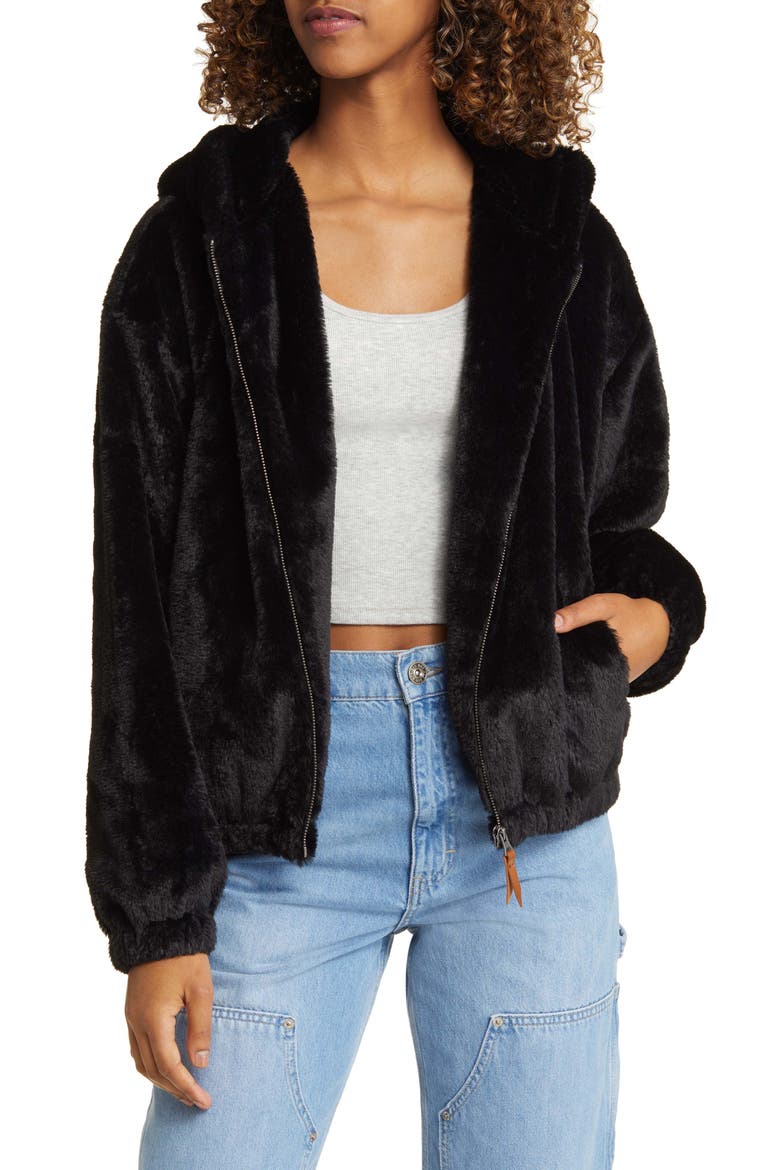 Faux Fur Zip-Up Hooded Jacket, Main, color, BLACK