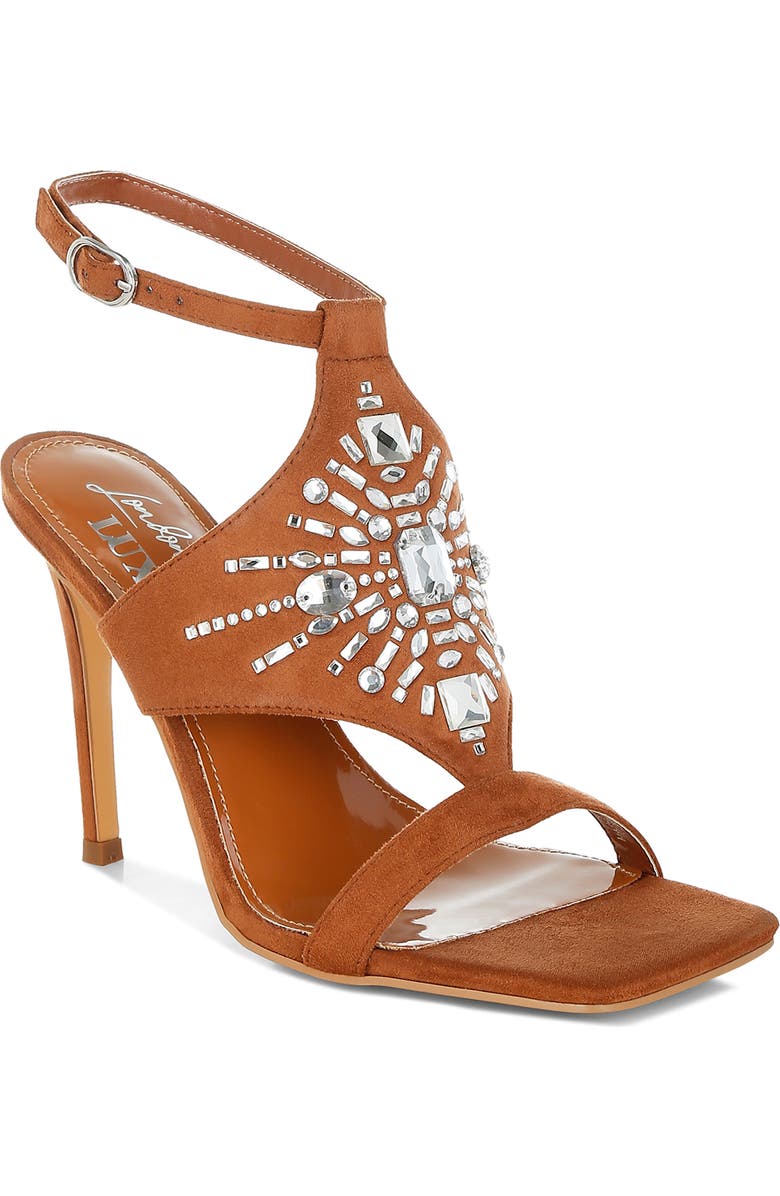LONDON RAG Warda Rhinestone Ankle Strap Sandal, Main, color, Tan