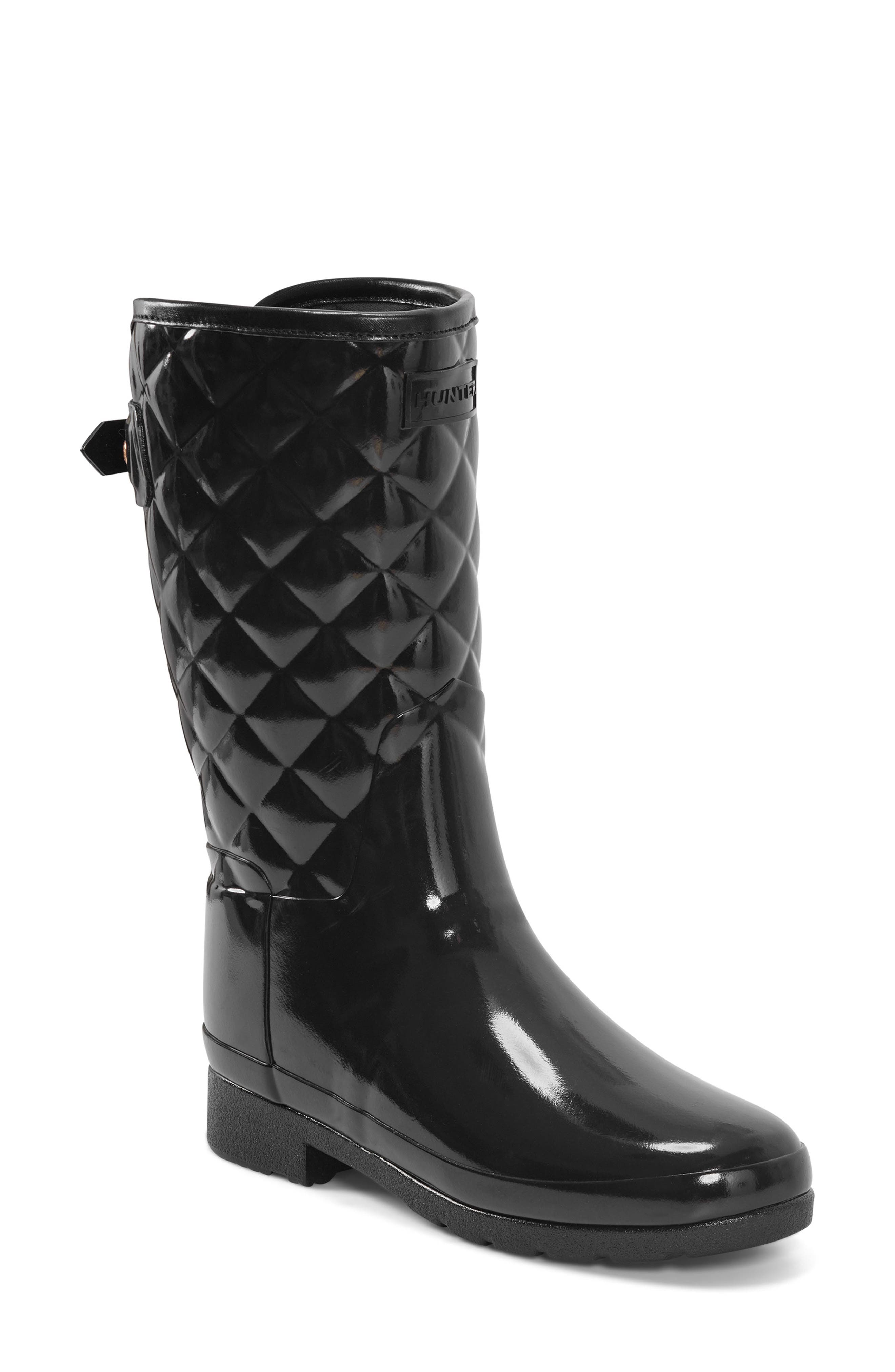 Hunter Refined High Gloss Quilted Short Waterproof Rain Boot, Main, color, Black