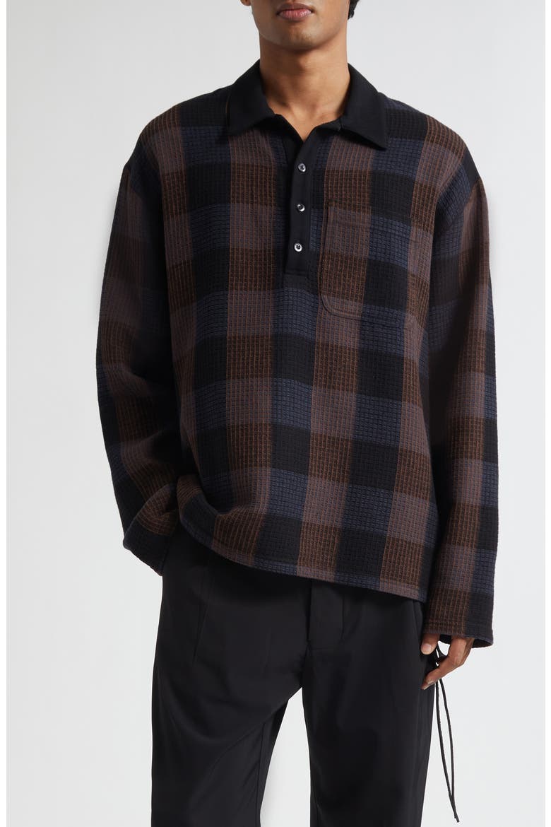 Plaid Long Sleeve Cotton Polo, Main, color, BLACK