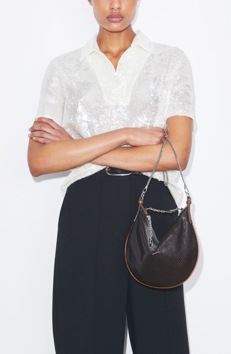 Tory Burch Mini Chain Strap Croc Embossed Leather Balloon Bag, Alternate, color, Dark Brown