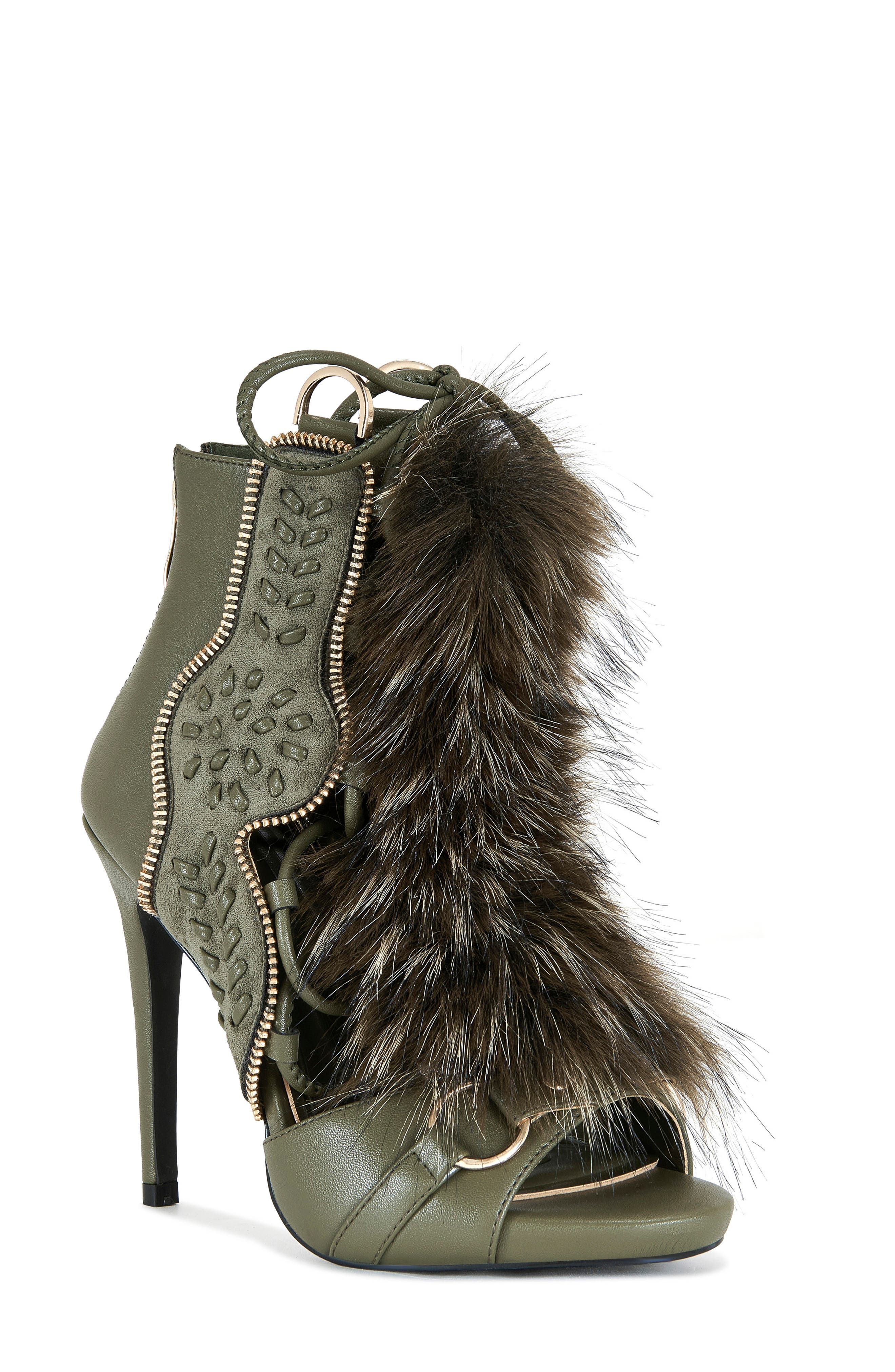 AZALEA WANG Shainy Faux Fur Open Toe Bootie, Main, color, Olive