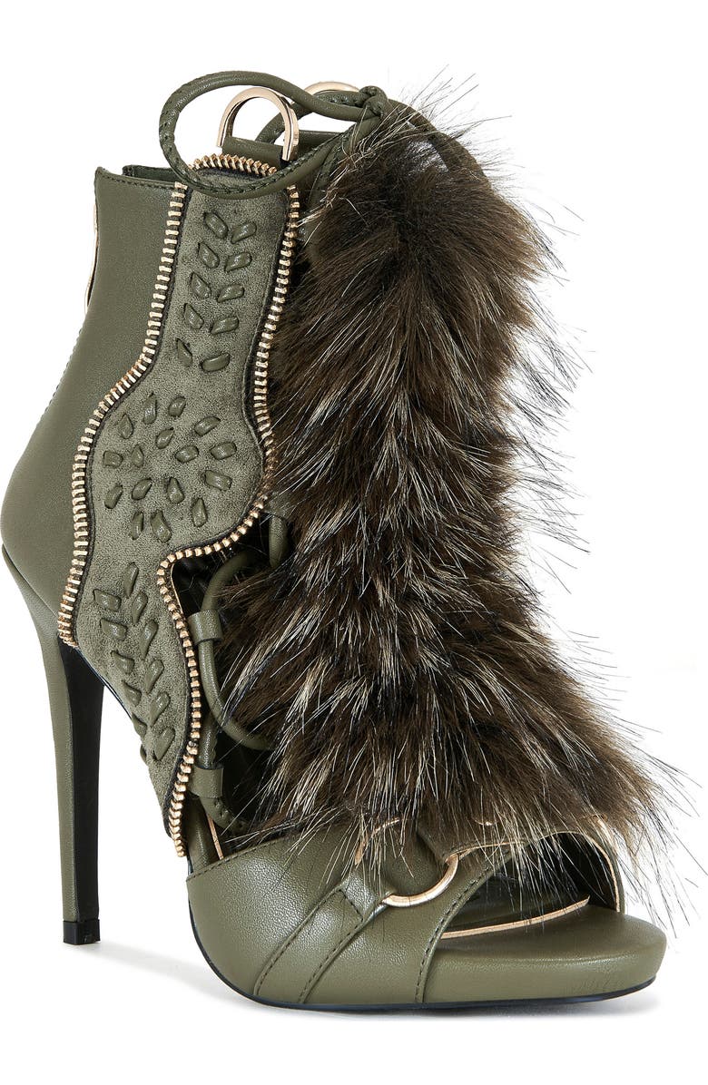 AZALEA WANG Shainy Faux Fur Open Toe Bootie, Main, color, Olive