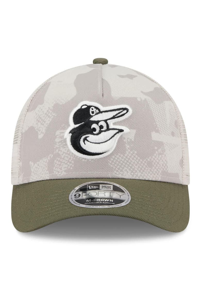 Men's New Era Light Beige/Olive Baltimore Orioles 2025 Armed Forces Day 9FORTY M-Crown A-Frame Adjustable Hat, Alternate, color, Light Beige