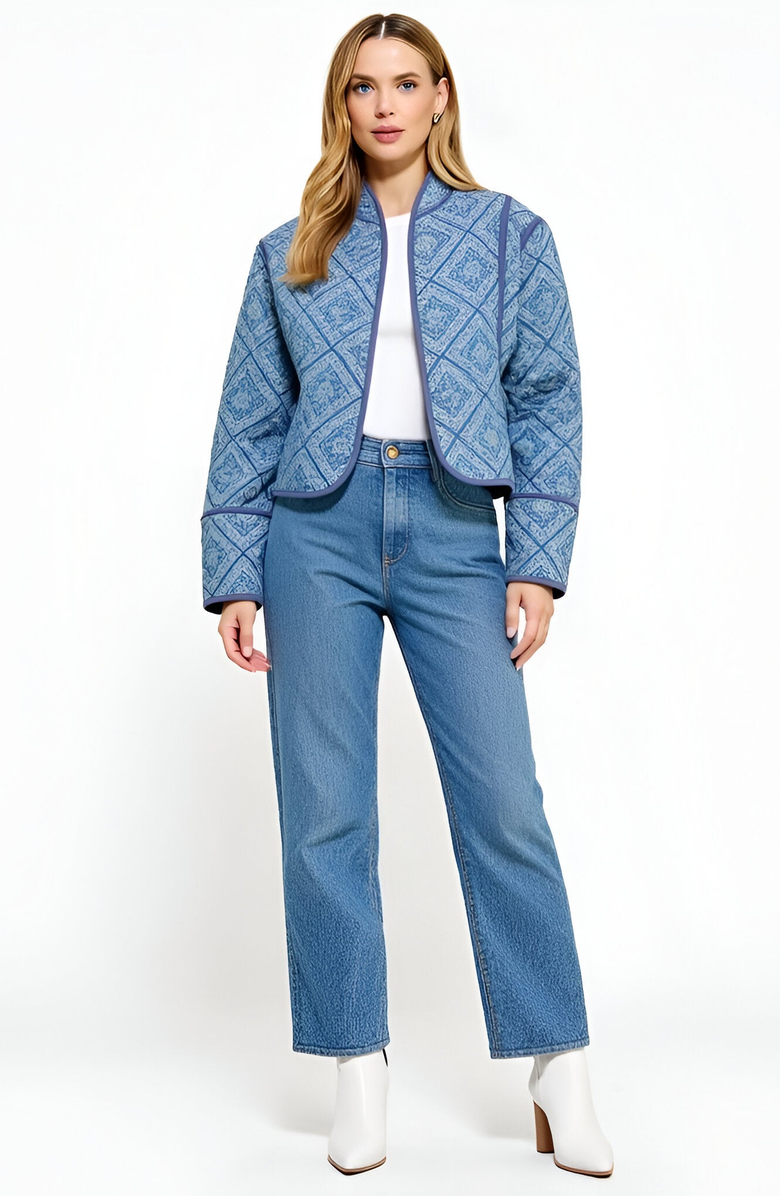 Modenaire Diamond Pattern Quilted Jacket with Piped Trim and Open Front, Alternate, color, Diamond Pattern