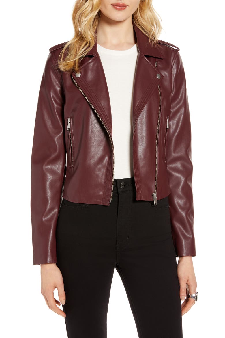 Faux Leather Moto Jacket, Main, color, BURGUNDY STEM