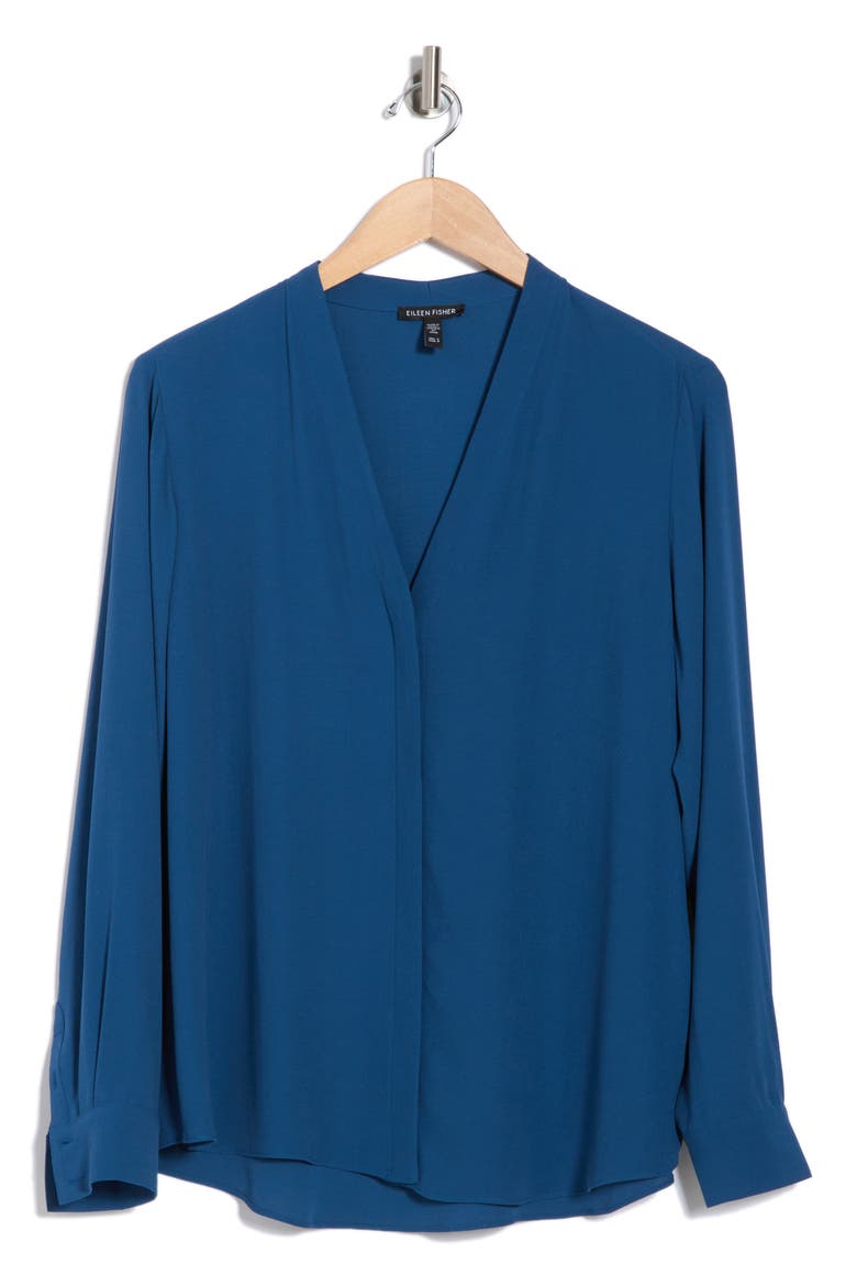 V-Neck Silk Button-Up Shirt, Alternate, color, ATLANTIS