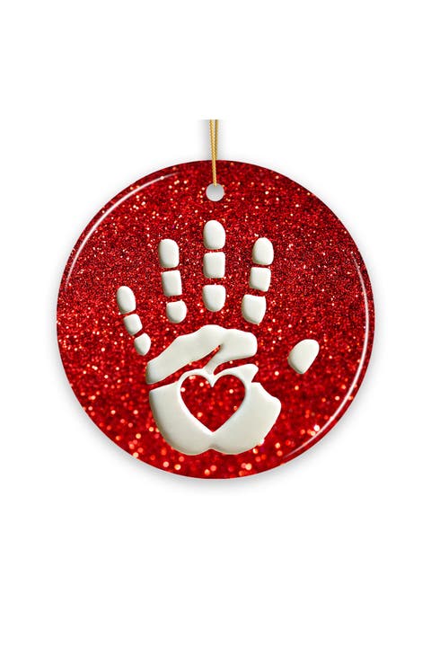 Handprint Round Red Glitter Ceramic Ornament