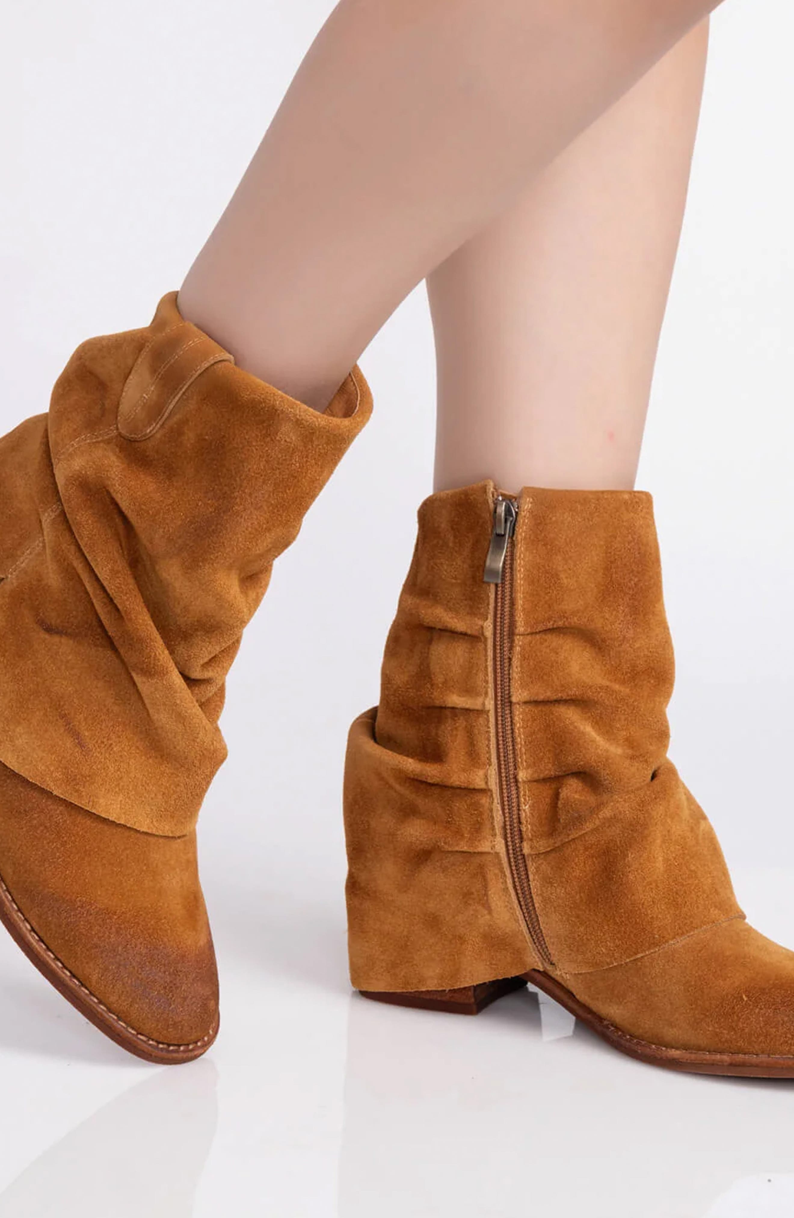 ANTELOPE Ona Ruched Foldover Bootie, Alternate, color, Cognac