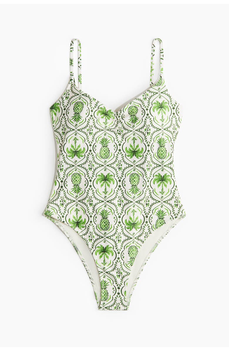 H&M Padded-cup Swimsuit, Main, color, White/Green Patterned