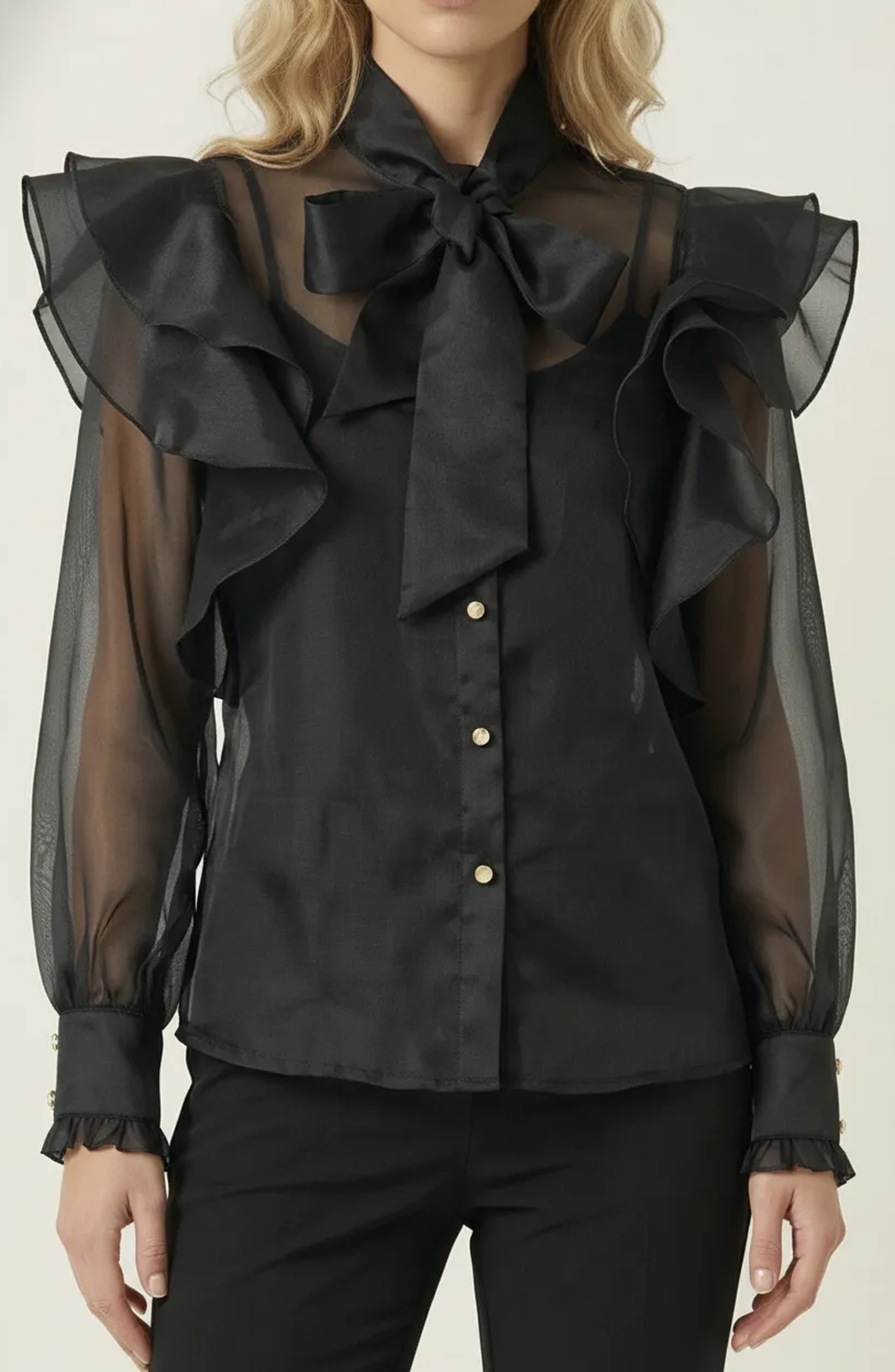 Ruffle Oversized Bow Tie Button-Front Blouse