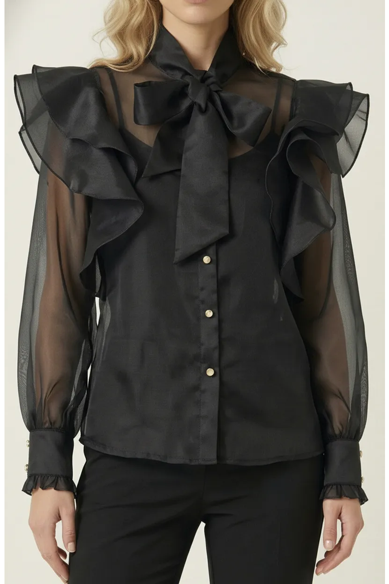 Ruffle Oversized Bow Tie Button-Front Blouse, Main, color, Black
