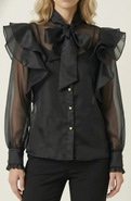 Modenaire Ruffle Oversized Bow Tie Button-Front Blouse