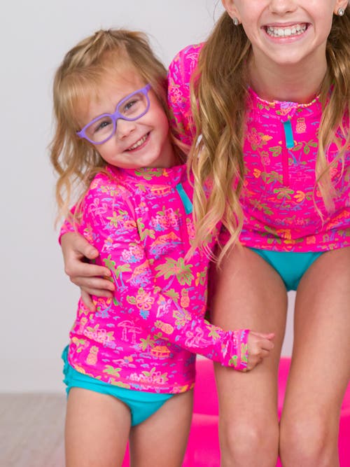 Rufflebutts Toddler Girls Upf50+ Long Sleeve Zipper Rash Guard 2-piece In Neon Island Time