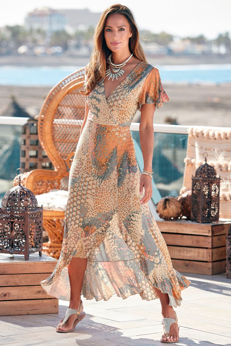 Printed Side Slit Maxi Dress, Alternate, color, Orange Multi