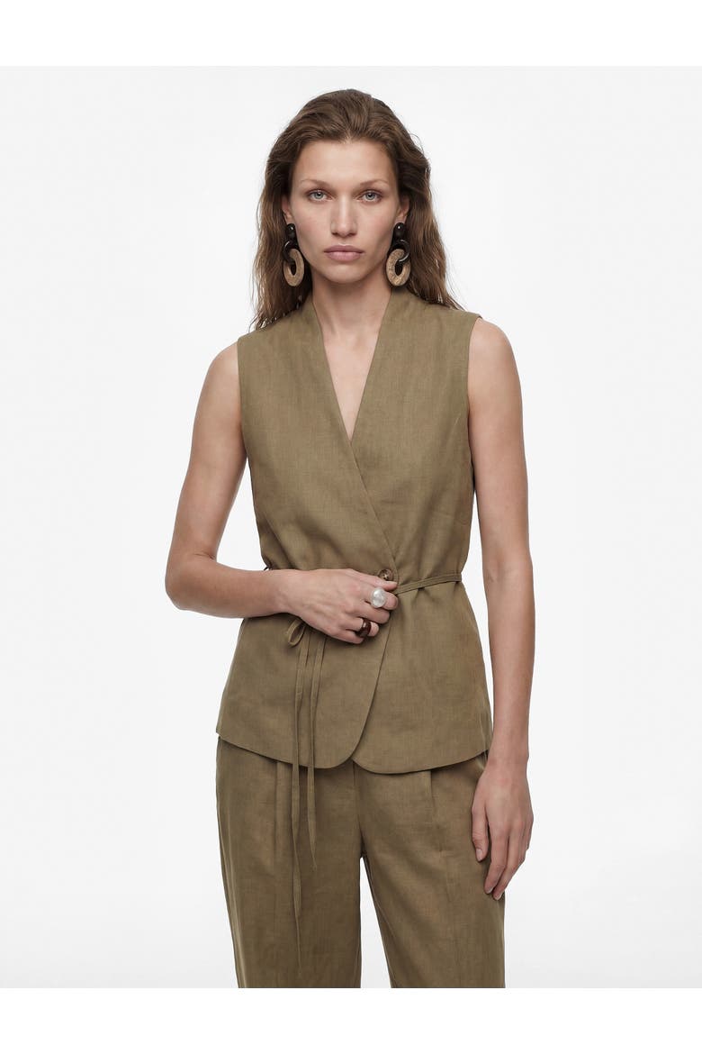 Linen Blend V-Neck Tailored Vest with Belt, Alternate, color, KHAKI