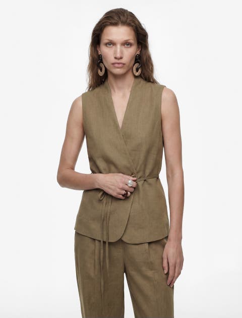 Linen Blend V-neck Tailored Vest With Belt