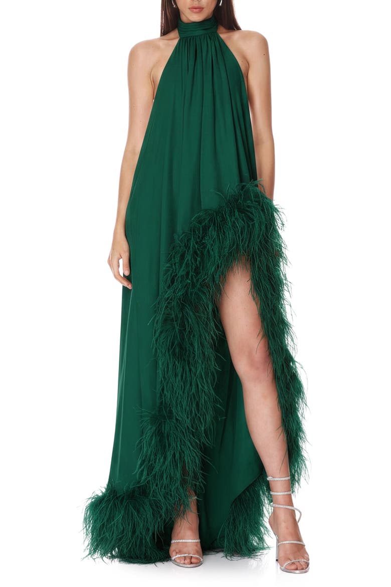 Madeline Feather Detail High-Low Gown, Main, color, EMERALD