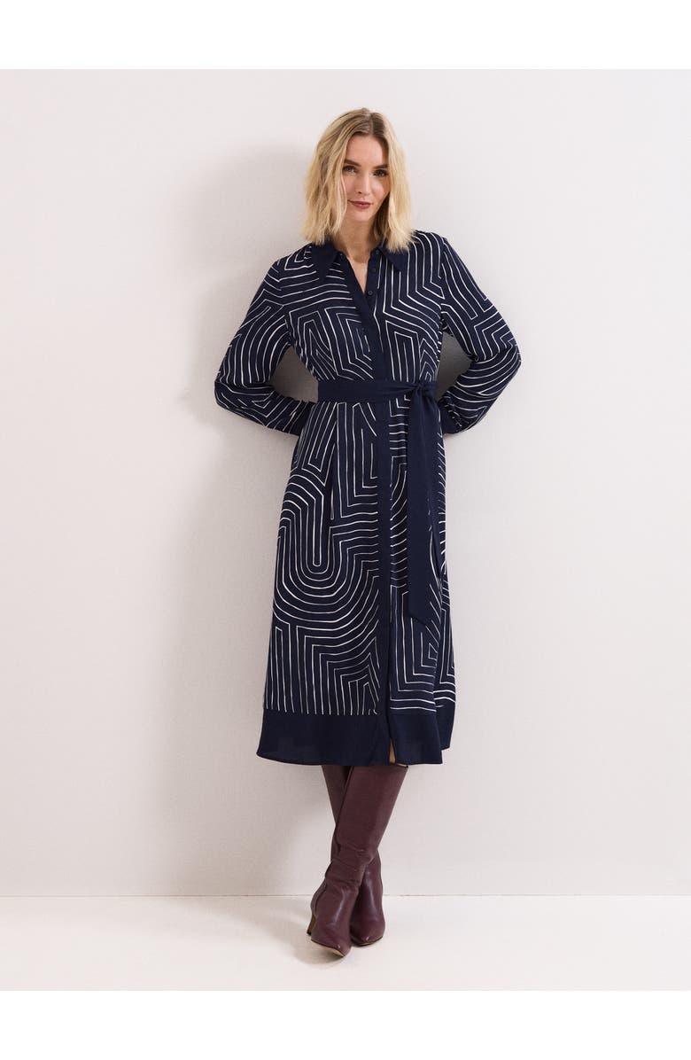 Phase Eight Charlotte Long-Sleeve Belted Midi Dress, Main, color, Navy/Ivory