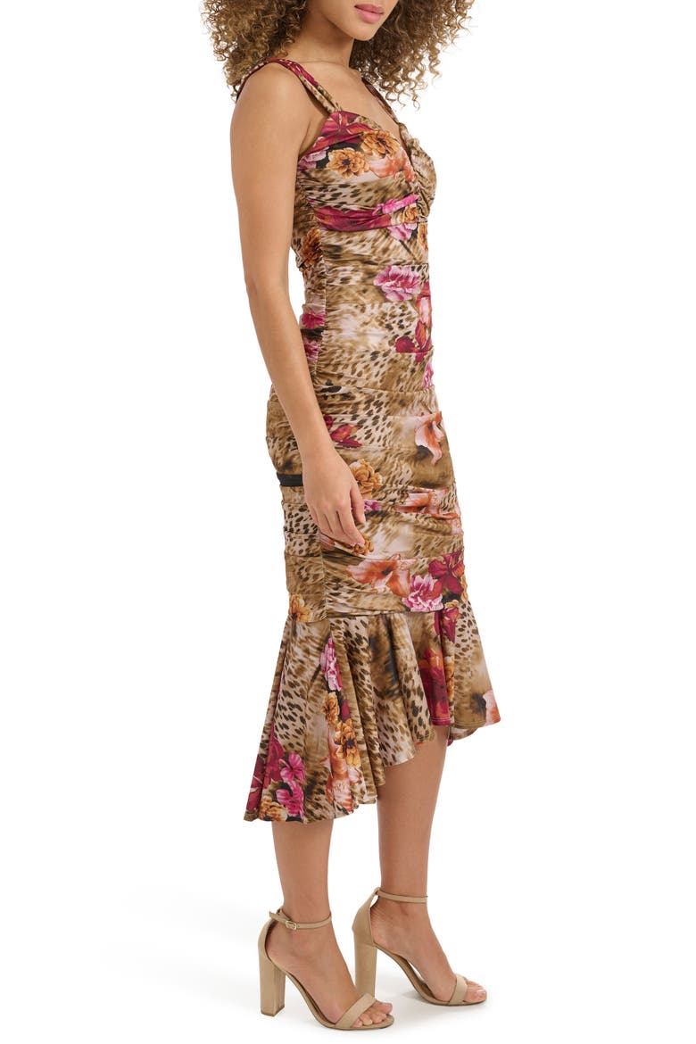 Sweetheart Ruched Mesh Midi Dress, Alternate, color, KHAKI MULTI
