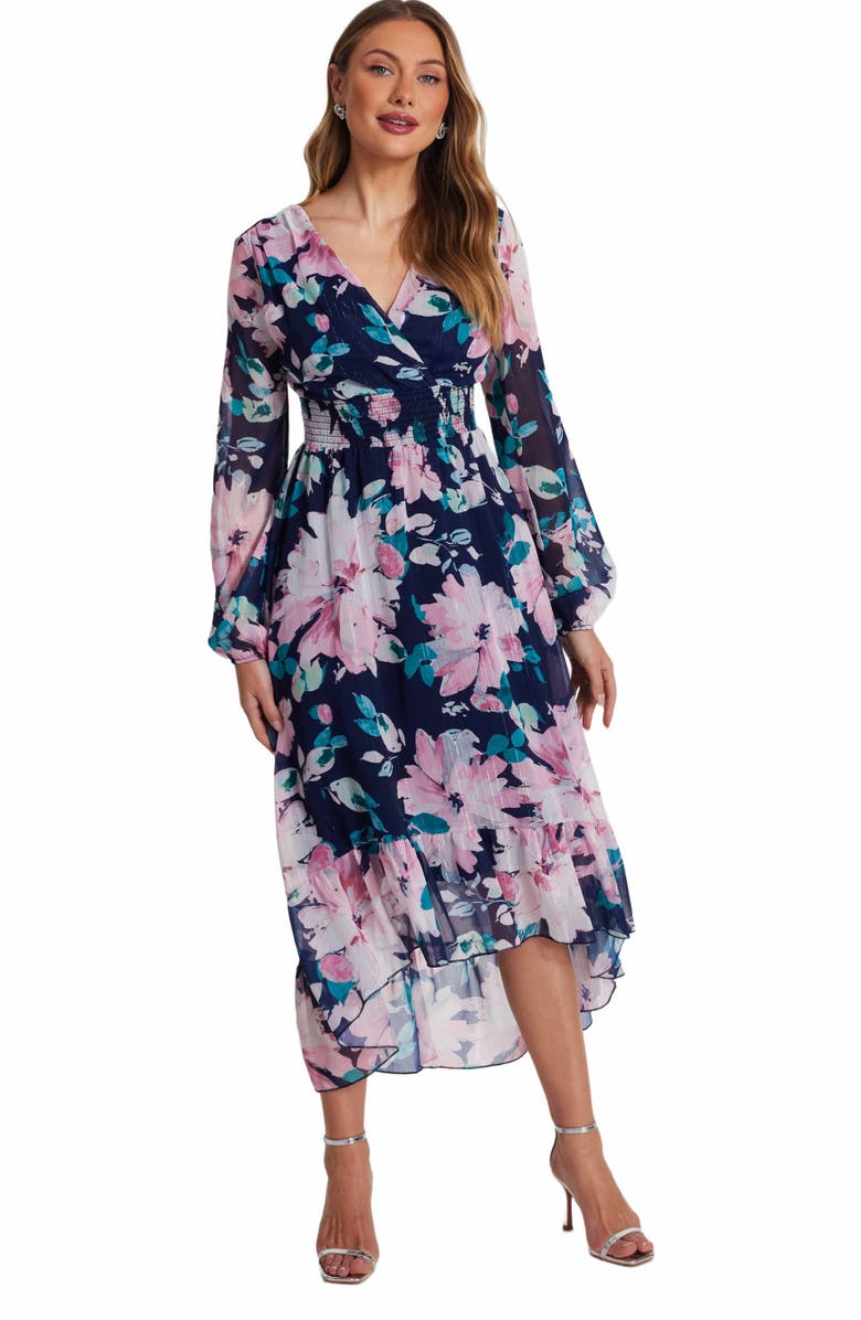 QUIZ Floral Chiffon Glitter Long Sleeve Maxi Dress, Main, color, 
