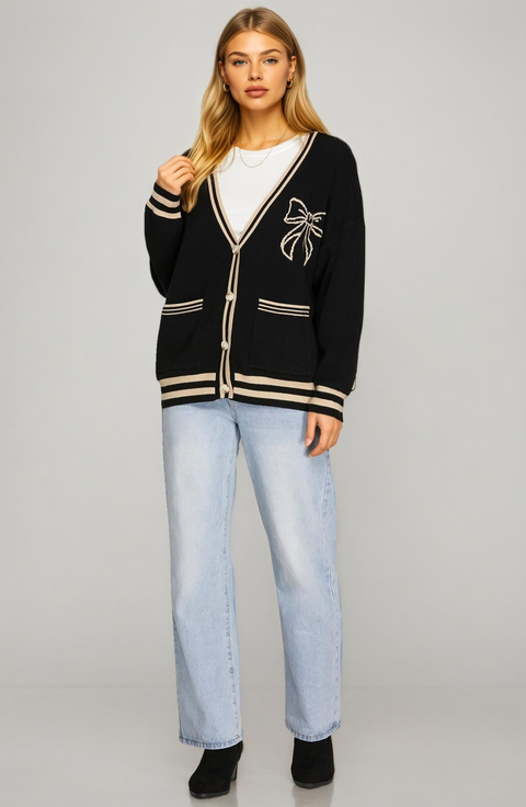 Contrast Trm Bow Detail Cardigan