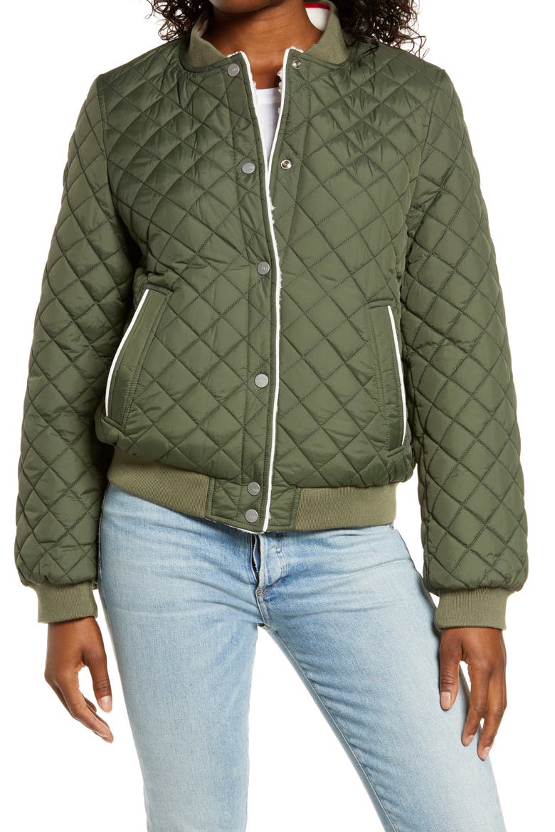 Reversible Quilted & Faux Shearling Bomber Jacket, Alternate, color, OLIVE / CREAM