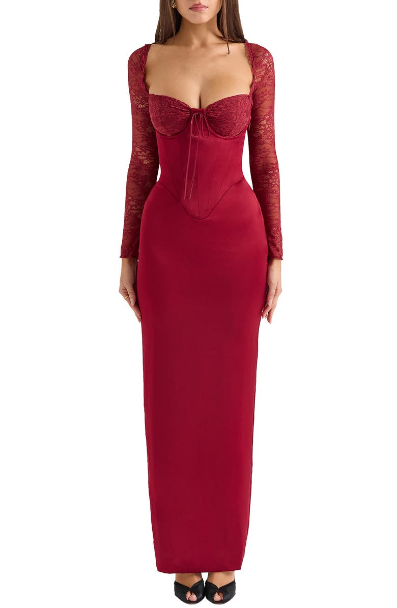 HOUSE OF CB Perdi Corset Bodice Long Sleeve Gown, Main, color, Rhubarb