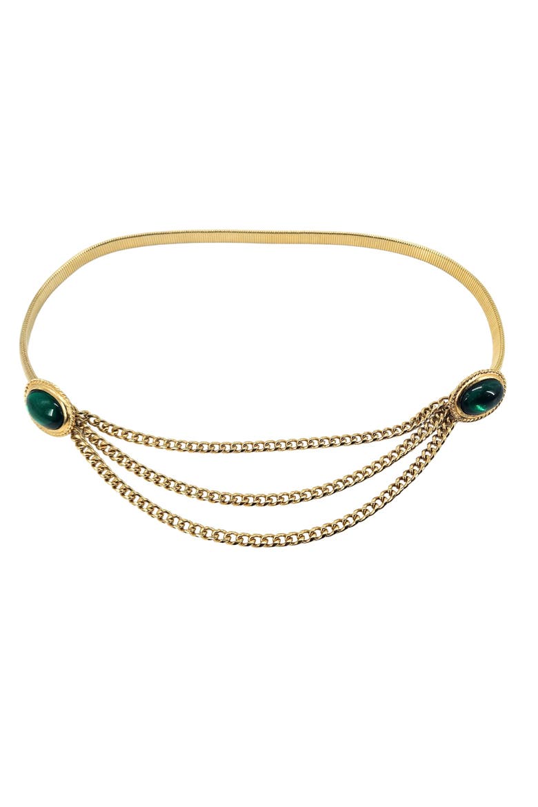 Vintage 1970s Stretch Belt with Cabochons & Draped Chains, Main, color, green