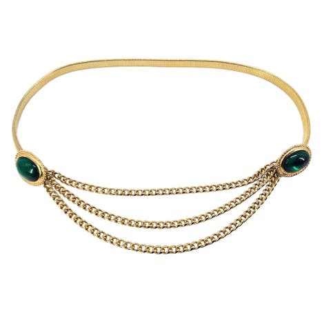 Vintage 1970s Stretch Belt with Cabochons & Draped Chains