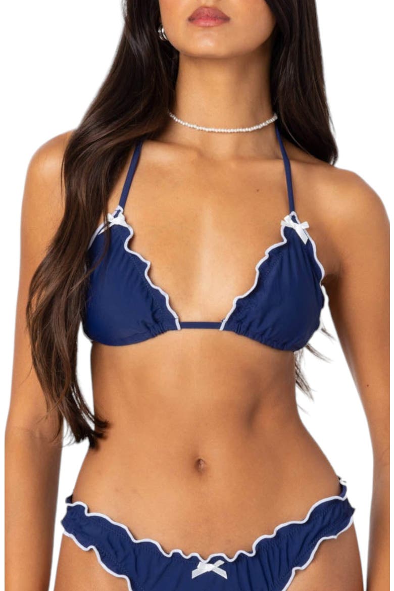 Golden Ruffle Edge Triangle Bikini Top, Main, color, NAVY