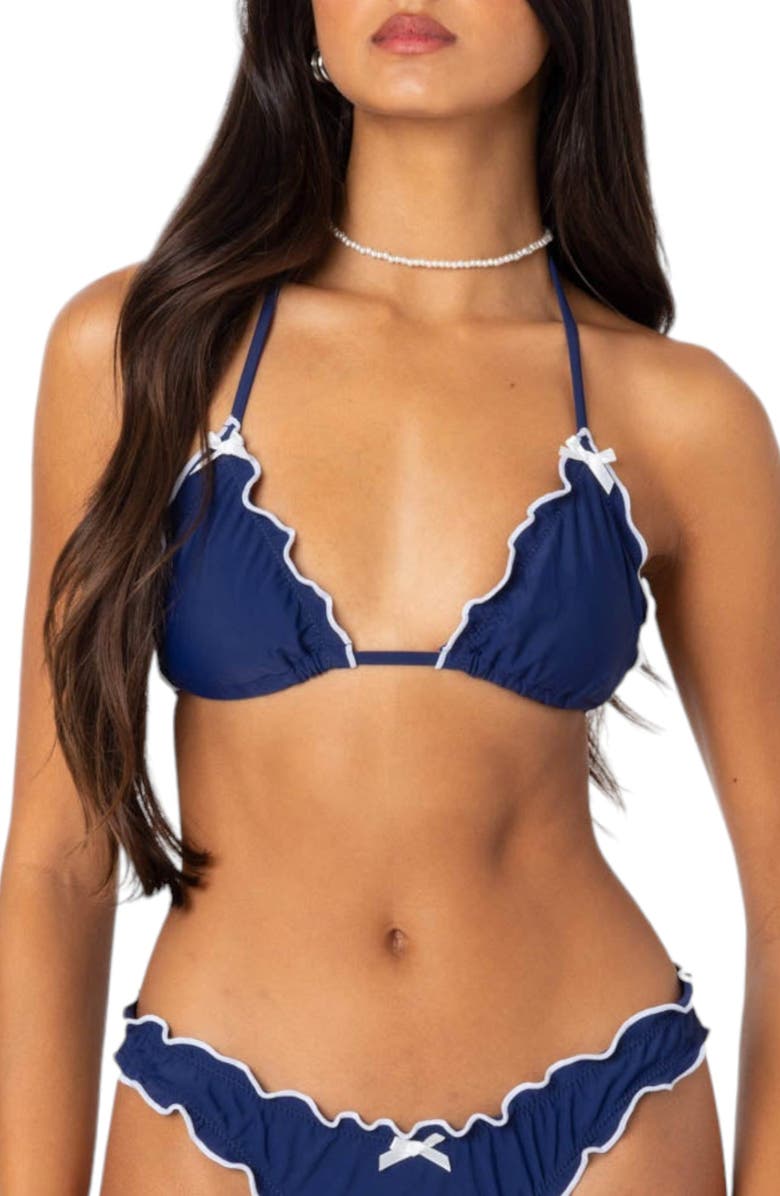 EDIKTED Golden Ruffle Edge Triangle Bikini Top, Main, color, Navy