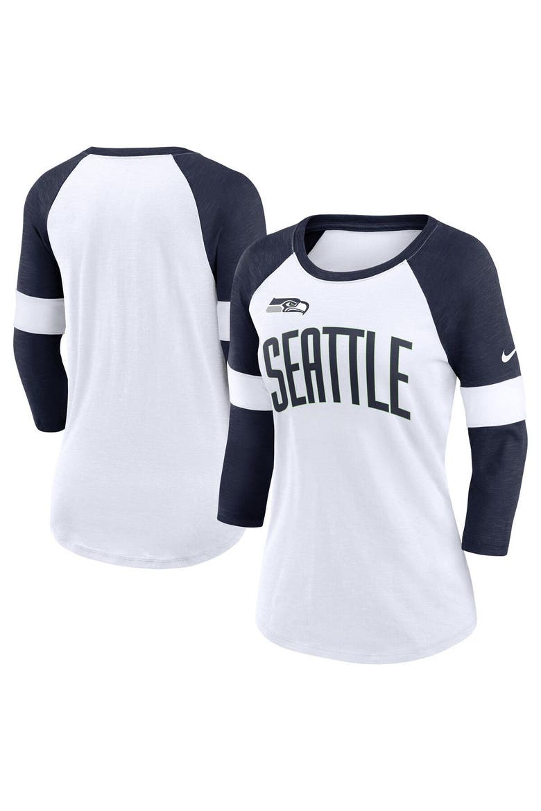 Women's Nike Seattle Seahawks White/Heather College Navy Football Pride Raglan 3/4-Sleeve T-Shirt, Main, color, White
