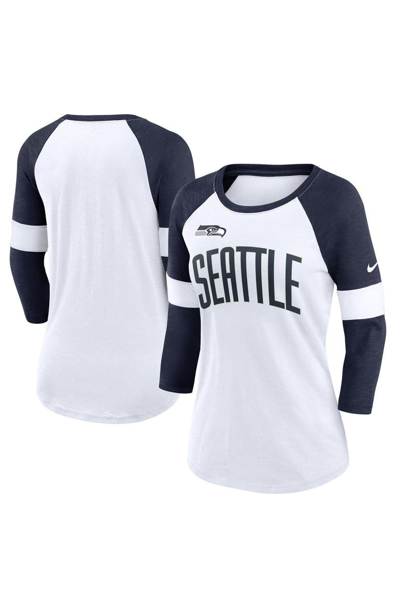 Nike Women's Nike Seattle Seahawks White/Heather College Navy Football Pride Raglan 3/4-Sleeve T-Shirt, Main, color, White