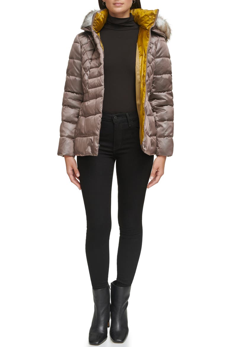 Core Mixed Puffer Jacket with Faux Fur Trim, Alternate, color, TAUPE