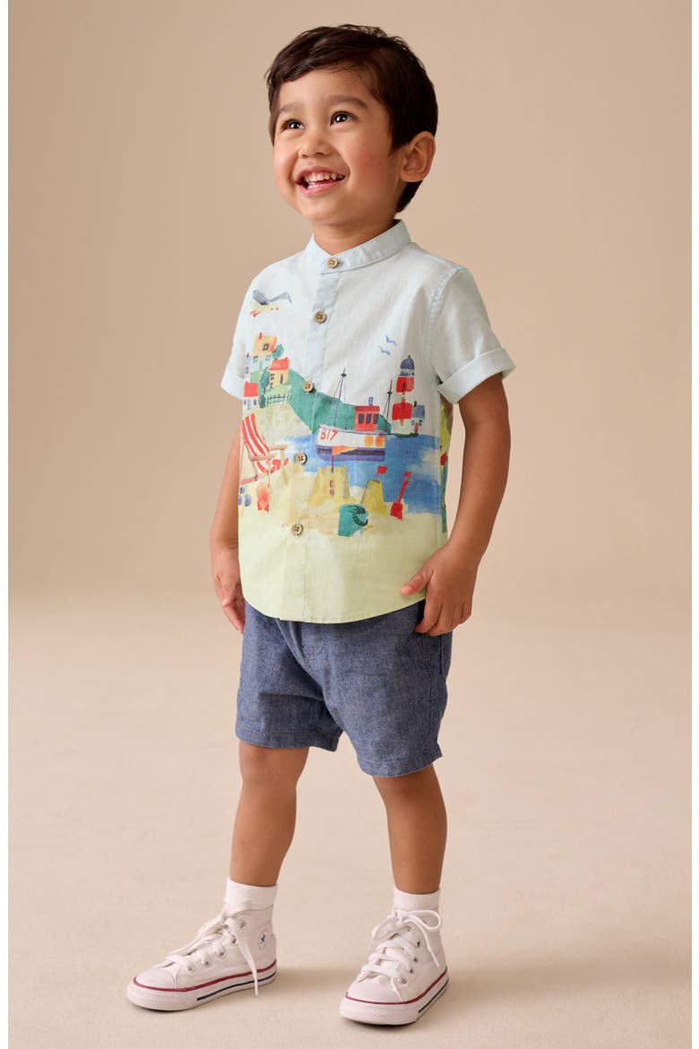 Kids' Seaside Print Grandad Collar Short Sleeve Button-Up Shirt, Alternate, color, BLUE