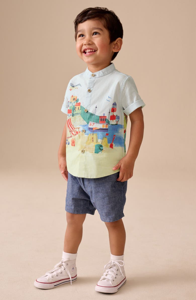 NEXT Kids' Seaside Print Grandad Collar Short Sleeve Button-Up Shirt, Alternate, color, Blue