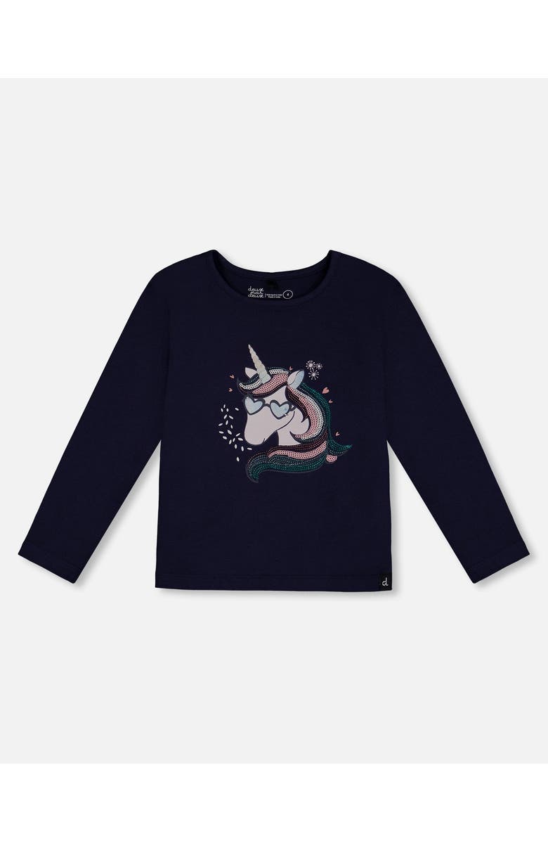 Deux par Deux Little Girl's Organic Cotton T-Shirt With Print Navy, Main, color, 