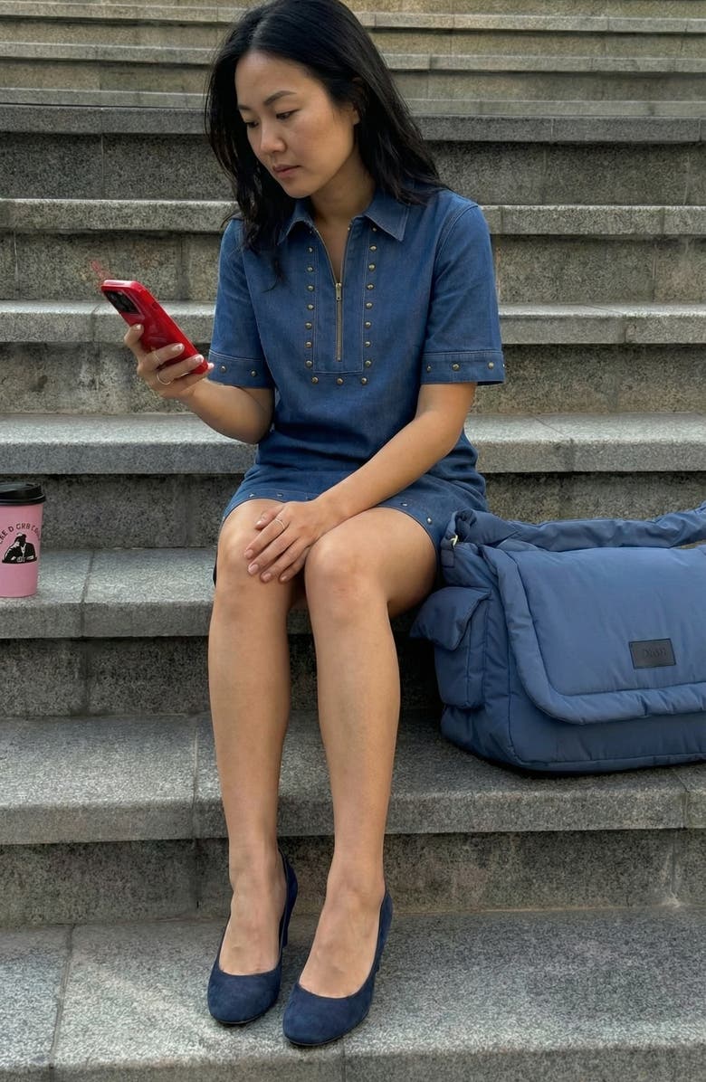 Modenaire Studded Half-Zip Collared Denim Mini Dress, Alternate, color, Mid-Wash Blue