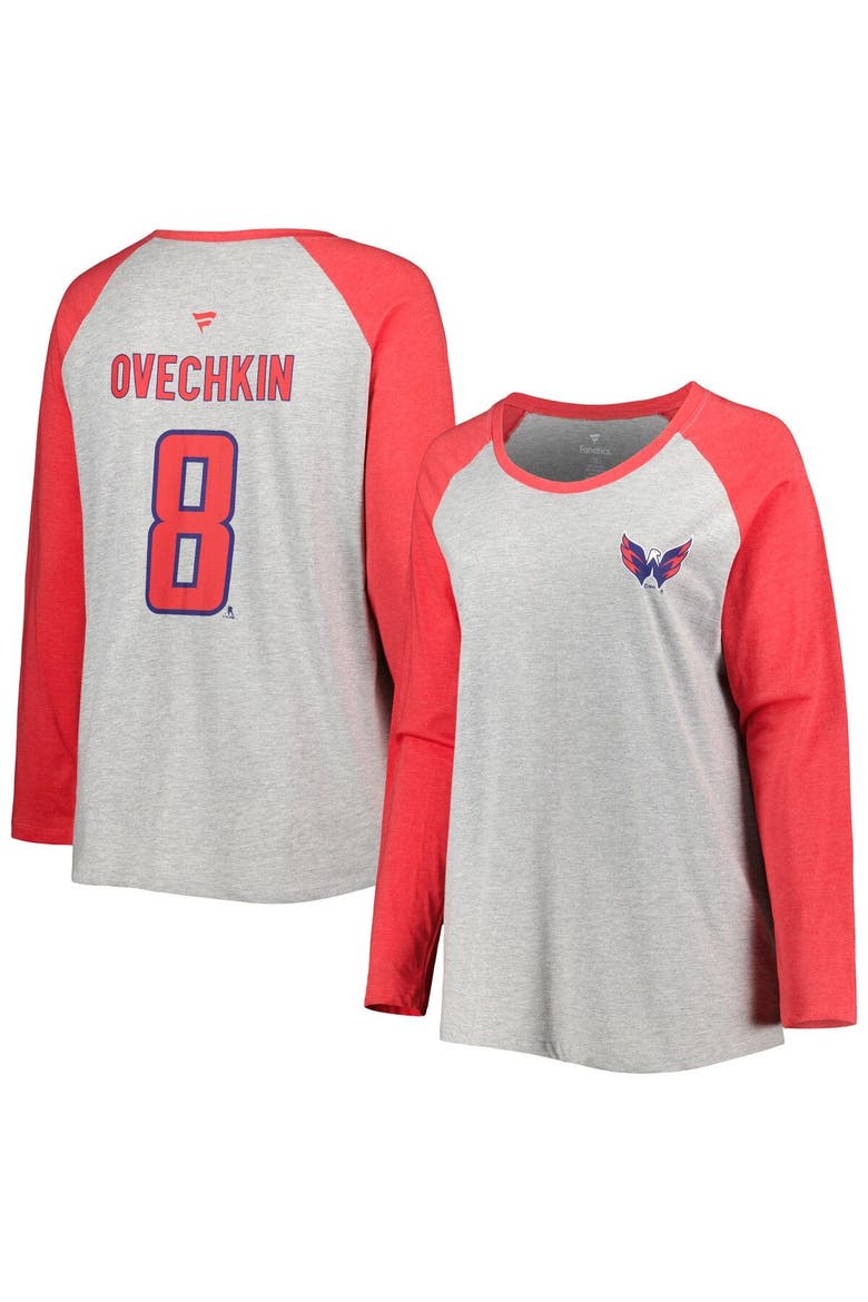 Women's Fanatics Branded Alexander Ovechkin Heather Gray/Heather Red Washington Capitals Plus Size Name & Number Raglan Long Sleeve T-Shirt, Main, color, Heather Gray