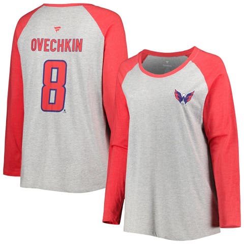 Women's Fanatics Branded Alexander Ovechkin Heather Gray/Heather Red Washington Capitals Plus Size Name & Number Raglan Long Sleeve T-Shirt
